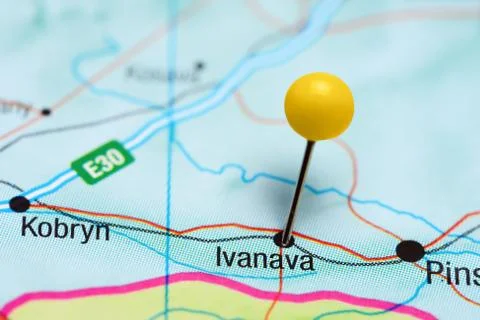 Ivanava pinned on a map of Belarus Stock Photos