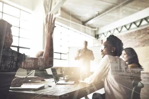 Ive got a question. Multiple exposure shot of businesspeople having a meeting Stock Photos