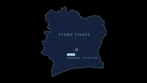 Ivory coast blue map with yamoussoukro city and coordinates, Stock Footage 284462778