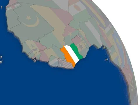 Ivory Coast with flag on globe Stock Illustration