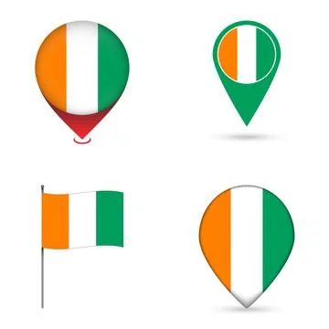 Ivory Coast Flag Map Pin Icons Set Collection. Stock Illustration