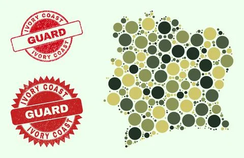 Ivory Coast Map Collage with Camo Military Round Items with Distress Guard Seal Stock Illustration