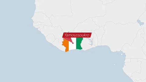 Ivory Coast map highlighted in Ivory Coast flag colors and pin of country c.. Иллюстрация