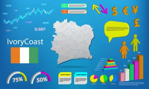Ivory Coast map info graphics - charts, symbols, elements and icons collectio Illustrazione stock