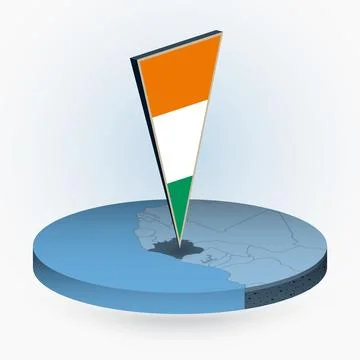 Ivory Coast map in round isometric style with triangular 3D flag of Ivory Coa Stock Illustration