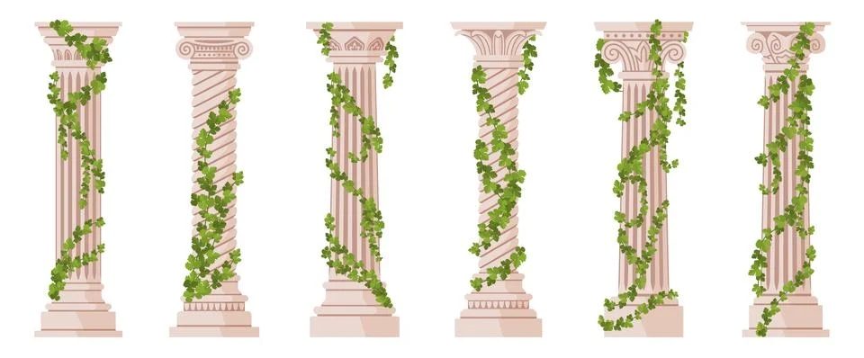 Ivy columns. Marble architectural elements covered with creepers, greek stone Illustrazione stock