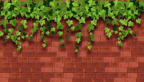 Ivy plant vector background, red brick house wall texture, climbing vine leaf Illustrazione stock
