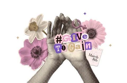 IWD Isolated halftone collage. Folded female hands as a symbol of support and Stock Illustration