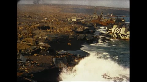 IWO JIMA - 1945: Establishes the massive amphibious buildup off the beachhead Stock Footage 339215314