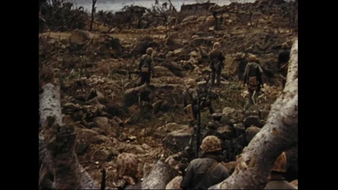 IWO JIMA - 1945: Shows the shell-blasted devastation of the terrain Stockbeeldmateriaal 339215426