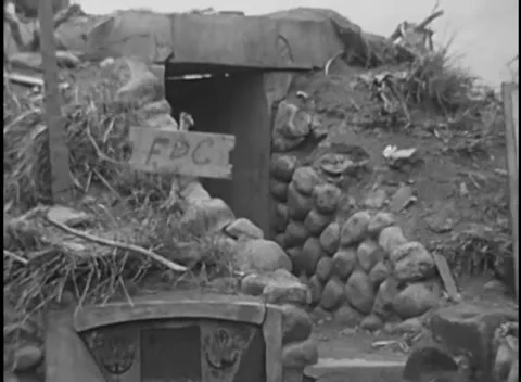 IWO JIMA, JAPAN - 1945: Command post work - Marines Work at Sandbagged Post Stock Footage 344504054