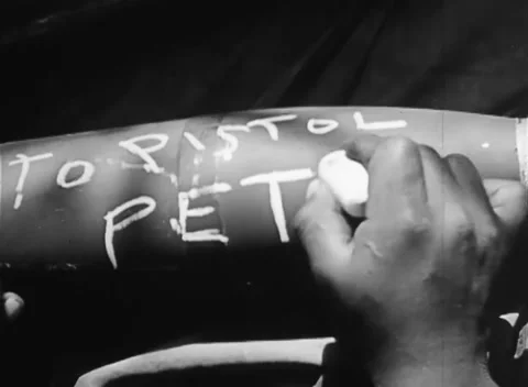 IWO JIMA, JAPAN - 1945: Shell message - To Pistol Pete chalked on a shell Stock-Footage 344505122