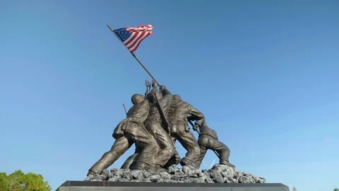Iwo Jima Memorial War Statue American Soldier Flag Wide Shot3 Slow Motion 4K Stock Footage 123662896
