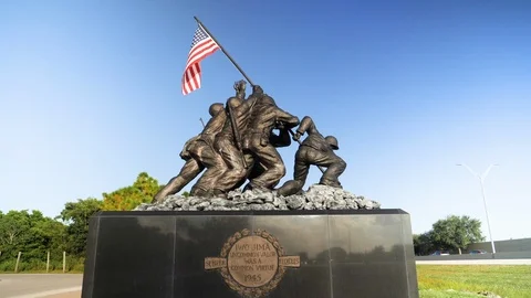 Iwo Jima Memorial War Statue American Soldier Flag Wide Shot2 Slow Motion 4K Stock Footage 123665430