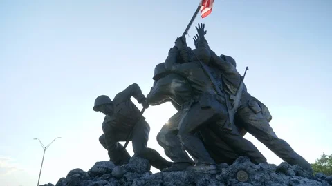 Iwo Jima Memorial War Statue American Soldier Flag Flare Shot2 Slow Motion 4K Stock Footage 123678832