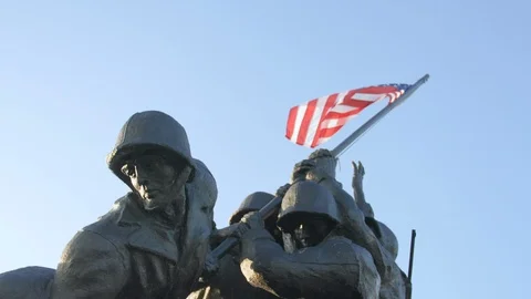 Iwo Jima Memorial War Statue American Soldier Flag Close Up Shot3 Slow Motion 4K Stock Footage 123680983