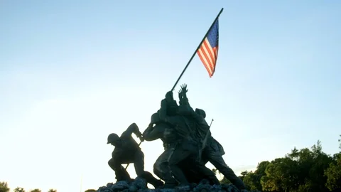 Iwo Jima Memorial War Statue American Soldier Flag Flare Shot4 Slow Motion 4K Stock Footage 123721833