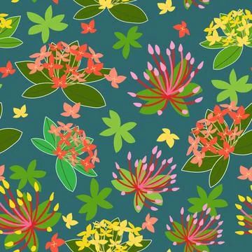 Ixora seamless pattern design on green background Stock Illustration