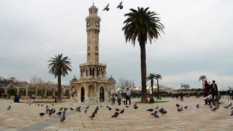 Izmir clock tower and flying doves Stock Footage 108593167