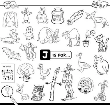 J is for educational game coloring book Illustrazione stock