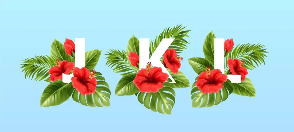 J K L letters surrounded by summer tropical leaves and red hibiscus flowers Stock Illustration