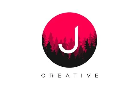 J Letter Logo Design with Pine Forest Vector Shapes and Red Circular shape Co Stock-Illustration
