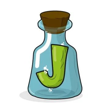 J in retro laboratory flask bottle. Letter in old magic potion bottle with wo Stock Illustration