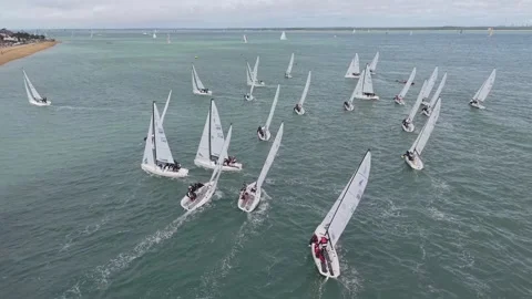 J/70 Sailing Race Start at Cowes Week 2026, Solent, Isle of Wight, UK Stock Footage 345708178