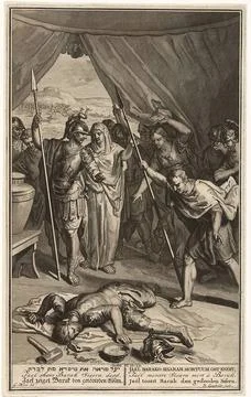 JaÃ«l toont Barak het dode lichaam van Sisera.In a leg tent the killed Sis. Stock Photos