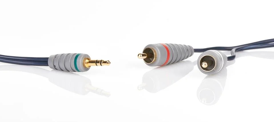 Jack and mini-jack plug sound or tv glossy wire isolated on white Stock Photos