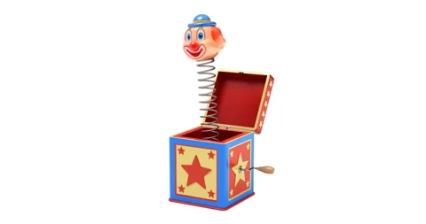Jack in the box jumping out from a colorful box Vídeos de archivo 330520664