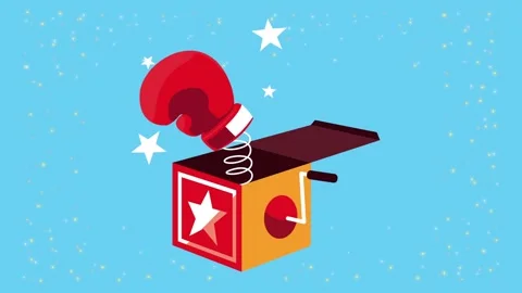 Jack in the box toy pops open with boxing glove surprise motion footage. Stock-Footage 338401123