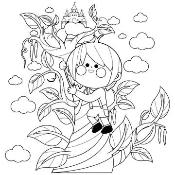 Jack climbing the magic beanstalk. Vector black and white coloring page Stock Illustration