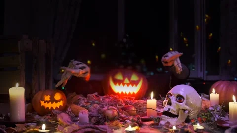 Jack Lantern dancing with terrible paws of devil and smoke on Halloween night 動画素材 281288174