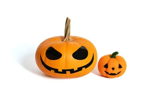 Jack Lantern pumpkin head with a small woolly pumpkin isolated on a white  Stock Photos