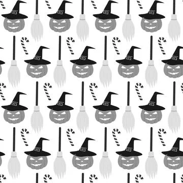 Jack Lantern in Witch Hat Broom and Striped Candy Cane Seamless Pattern in Stock Illustration