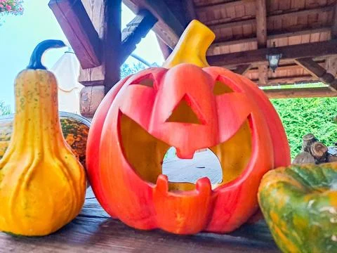 Jack Lanterns Glowing At Moonlight In The Spooky Night - Halloween Scene. Stock Photos