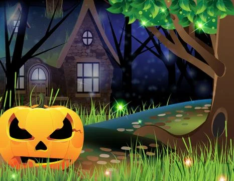 Jack o lantern and abandoned house Stock Illustration