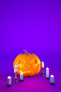 Jack o lantern and candles on purple Halloween background with copy space Stock Illustration