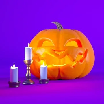 Jack o lantern and candles on purple Halloween background with copy space Stock Illustration