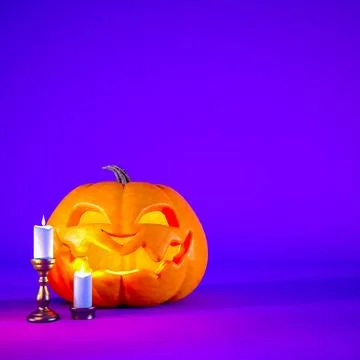 Jack o lantern and candles on purple Halloween background with copy space Stock Illustration