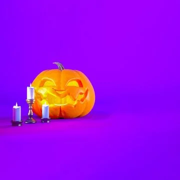 Jack o lantern and candles on purple Halloween background with copy space Illustrazione stock