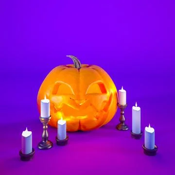 Jack o lantern and candles on purple Halloween background with copy space Illustrazione stock