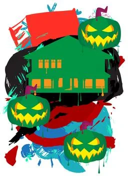 Jack O' Lantern and House Graffiti tag. Abstract modern Halloween street ar.. Ilustración de archivo