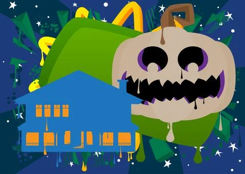 Jack O' Lantern and House Graffiti tag. Abstract modern Halloween street ar.. Ilustración de archivo