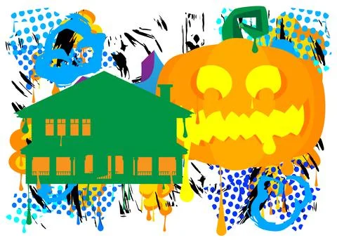 Jack O' Lantern and House Graffiti tag. Abstract modern Halloween street ar.. Ilustración de archivo