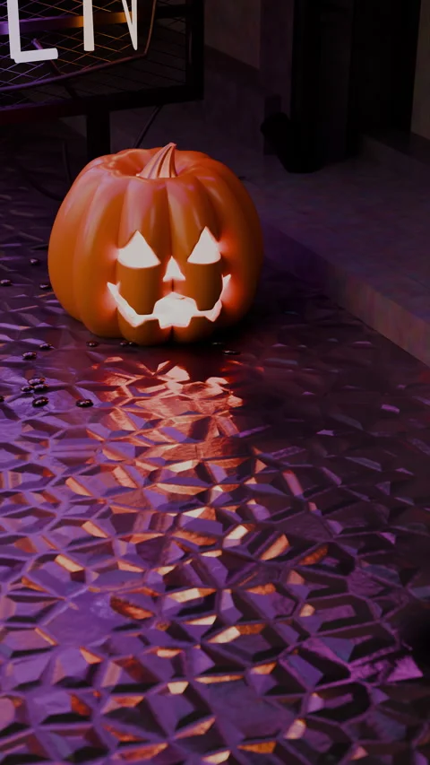 Jack-o'-lantern and neon sign in golden volumetric haze, Vertical 9:16 4K Stock Footage 346188599