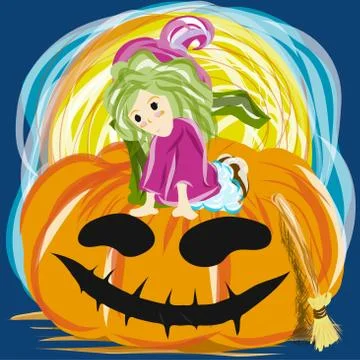Jack o lantern and witch vector image for holiday content. Stock Illustration