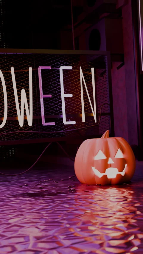 Jack-o'-lantern approached through ruby neon glow with, Vertical 9:16 4K Stock Footage 346188268