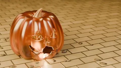 Jack-o'-lantern approached through golden spirit lights on path Stock Illustration